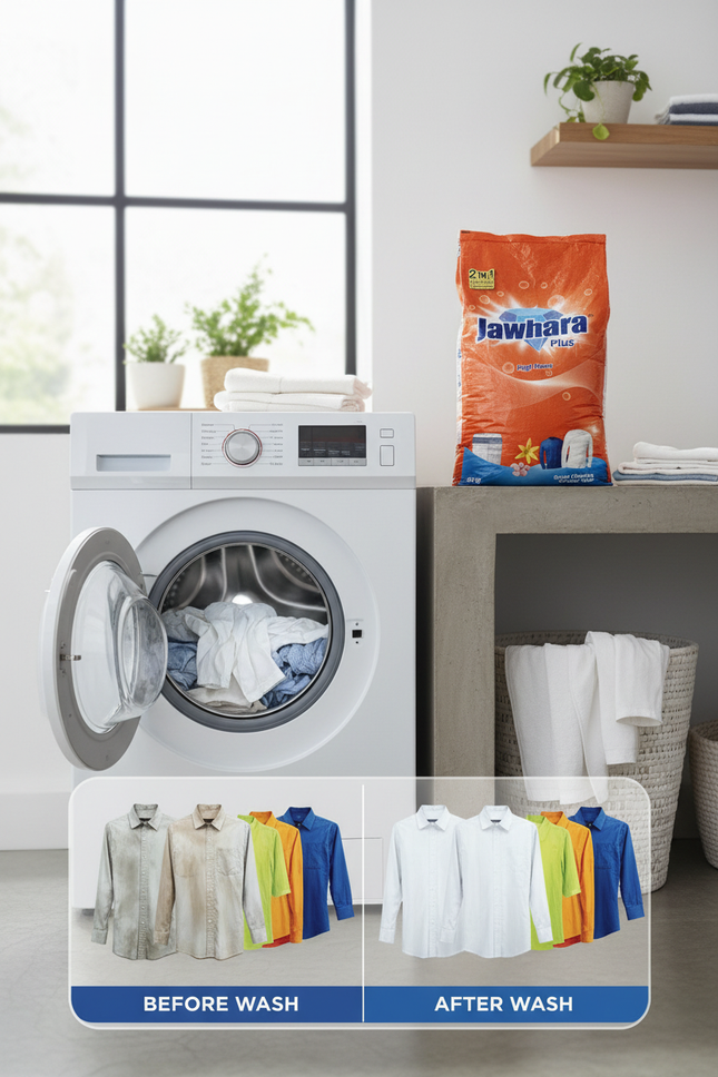 Jawhara Plus detergent in use - bright clean laundry