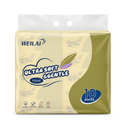 Professionally refined Weilai 10-pack tissue bundle with perforated two-hole carry handle on white