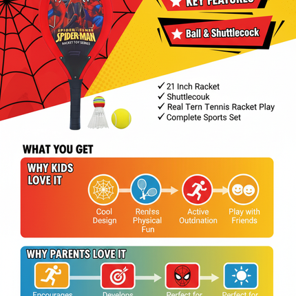 Spiderman tennis racket benefits and features infographic