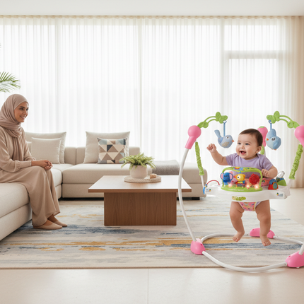 Happy baby in jumper at modern Qatar home