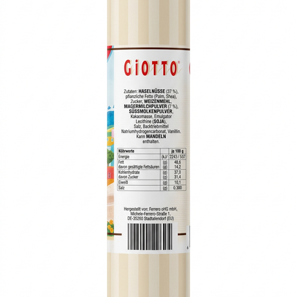 Giotto La Dolce Vita tube, back label with ingredients and nutrition on a white background