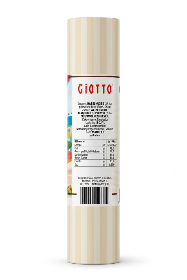 Giotto La Dolce Vita tube, back label with ingredients and nutrition on a white background