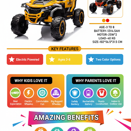Buggy ride on car benefits and features infographic
