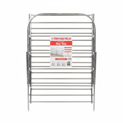 Stainless steel folding shoe rack on white background