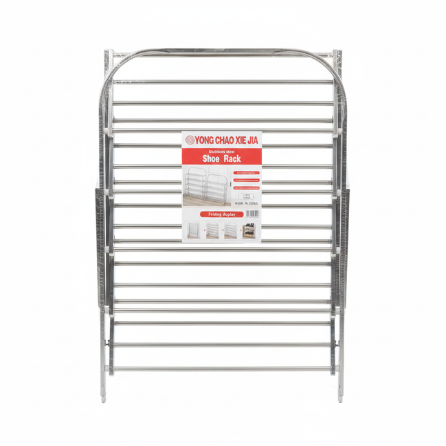 Stainless steel folding shoe rack on white background