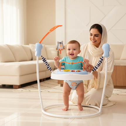 Happy baby in jumper at modern Qatar home