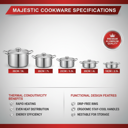 Majestic cookware size chart infographic showing all 5 sizes