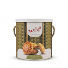 Alsanah Kliga with Olive Oil green patterned tin on white background