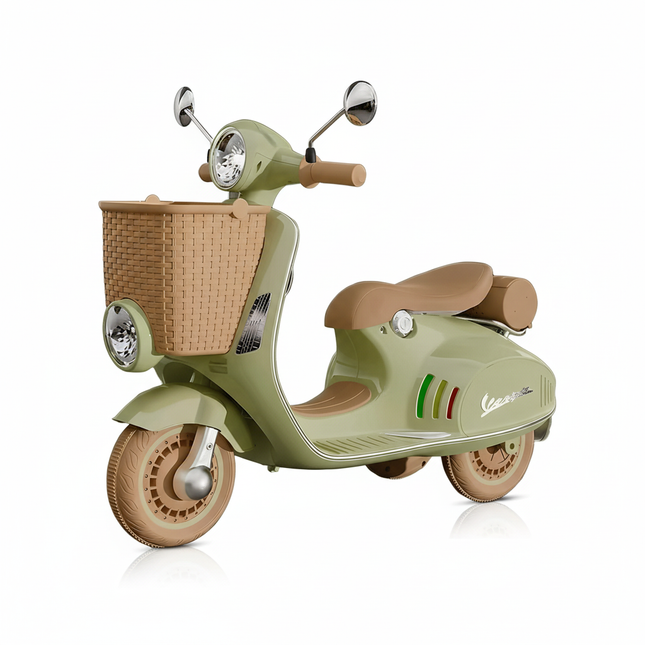 Sage green Vespa electric scooter with wicker basket