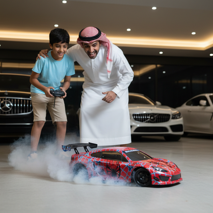 Qatari Father and Son with Spider-Man Drift R/C Car in Garage