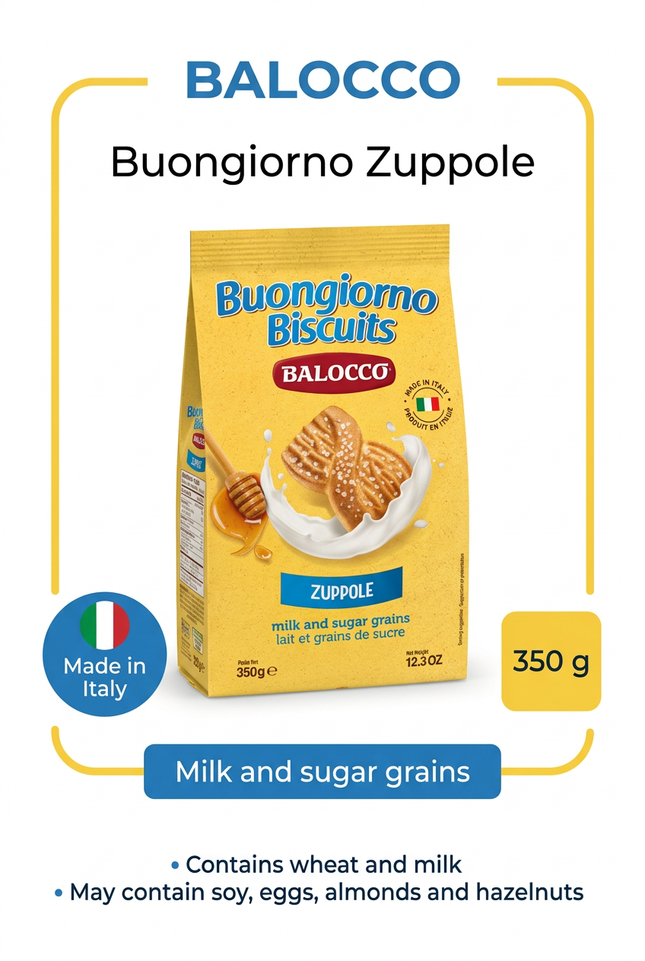 Balocco Buongiorno Zuppole biscuits 350 g product information and allergens