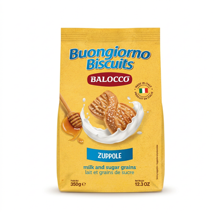 Balocco Buongiorno Zuppole biscuits 350 g yellow bag on white background
