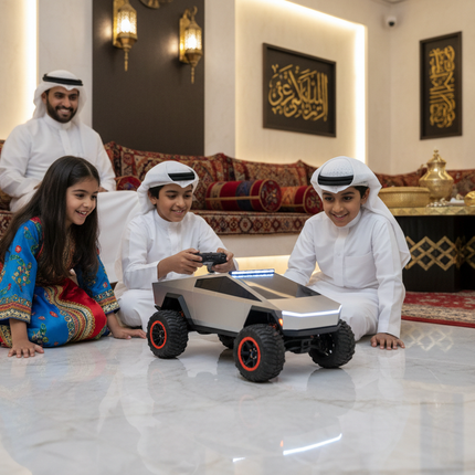 Qatari Family with Tesla Cyber Truck Monster R/C Car in Majlis