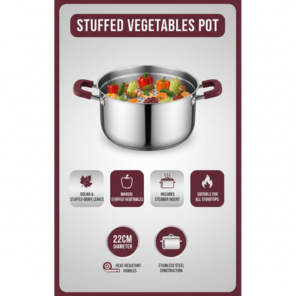 Stuffed vegetables pot uses infographic - dolma, mahshi, grape leaves