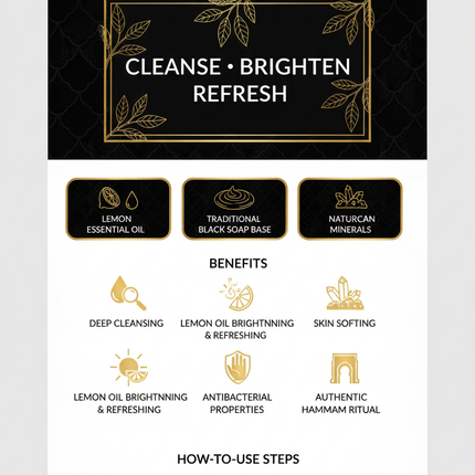 Jardin d'Oléane Moroccan Black Soap Lemon Essential Oil branded infographic