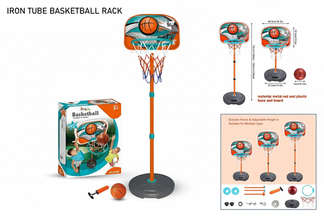 Iron tube basketball rack with adjustable height settings and dimensions