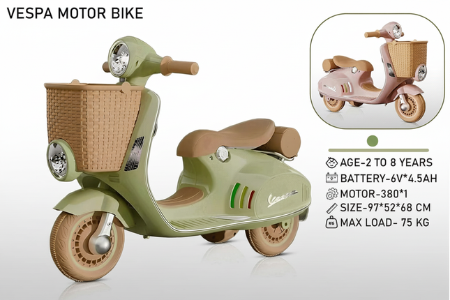 Vespa motor bike with wicker basket specifications