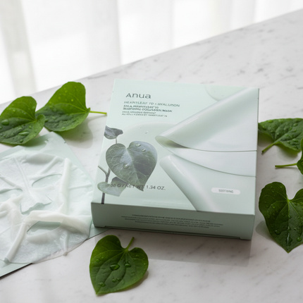 Anua Heartleaf 70 Soothing Collagen Mask - lifestyle shot with botanicals