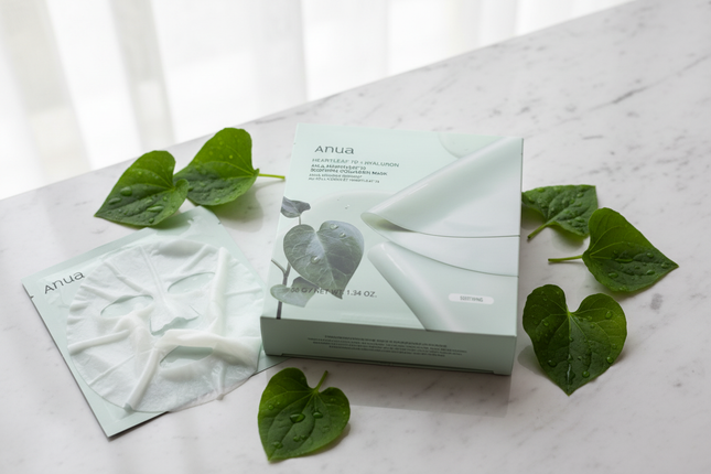 Anua Heartleaf 70 Soothing Collagen Mask - lifestyle shot with botanicals