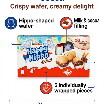 Kinder Happy Hippo Cocoa infographic showing milk and cocoa filling and pack size