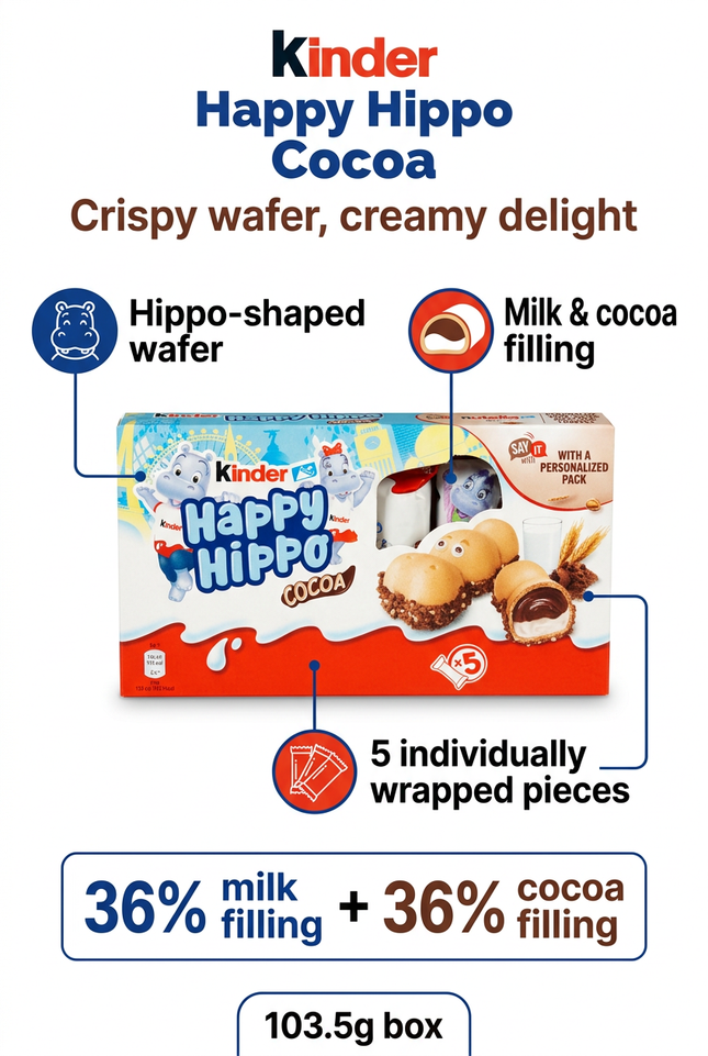 Kinder Happy Hippo Cocoa infographic showing milk and cocoa filling and pack size