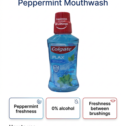 Colgate Plax Peppermint mouthwash features and usage reminders