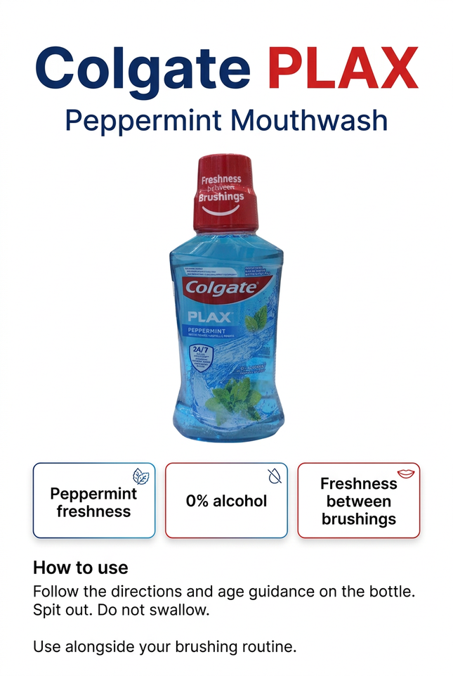 Colgate Plax Peppermint mouthwash features and usage reminders
