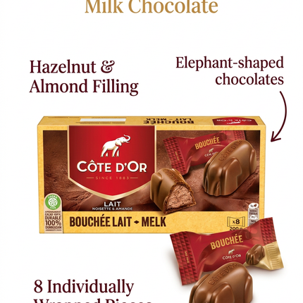 Côte d’Or Bouchée milk chocolates with hazelnut and almond filling, eight individually wrapped pieces