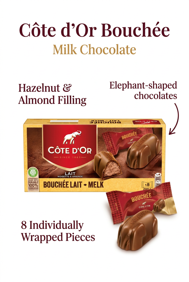 Côte d’Or Bouchée milk chocolates with hazelnut and almond filling, eight individually wrapped pieces