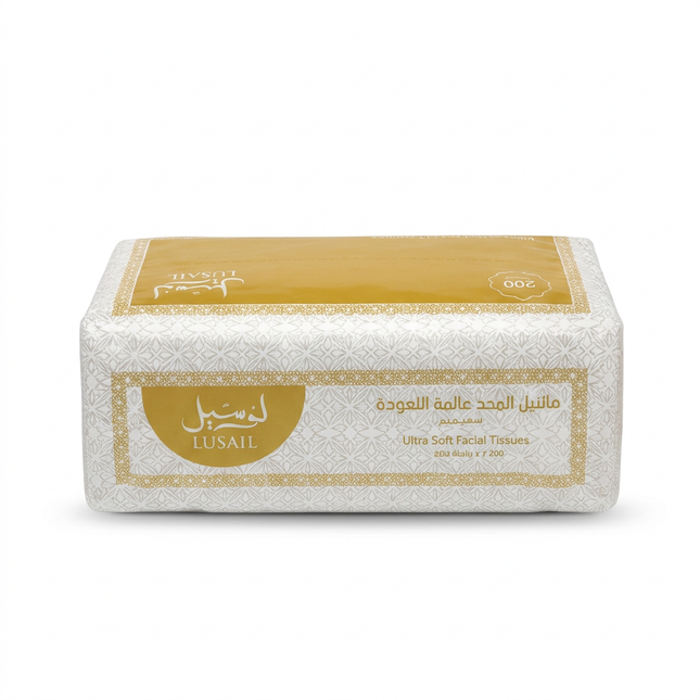 Close-up of a single Lusail Ultra Soft facial tissue pack on white