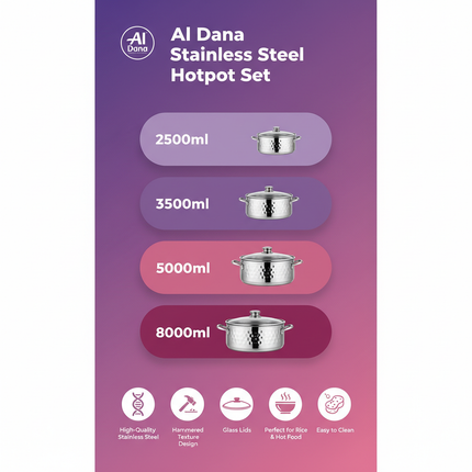 Al Dana hotpot features infographic showing 4 sizes and benefits