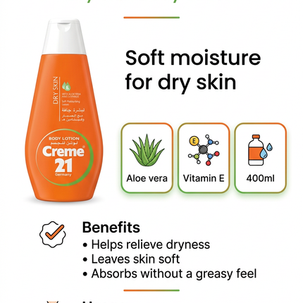 Creme 21 Dry Skin lotion aloe vera and vitamin E benefits and usage