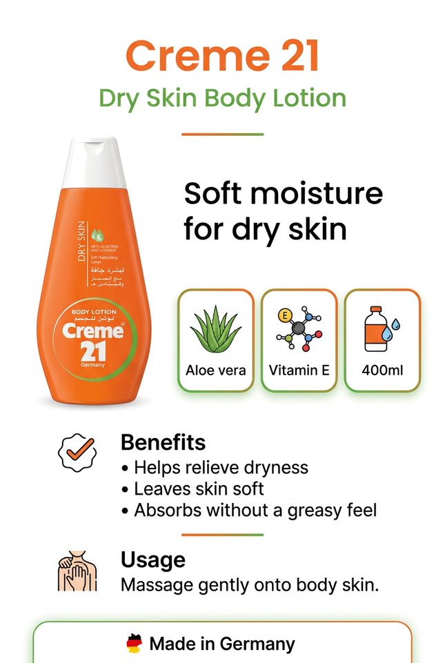 Creme 21 Dry Skin lotion aloe vera and vitamin E benefits and usage