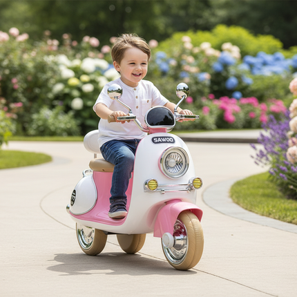 Child riding pink Vespa electric scooter