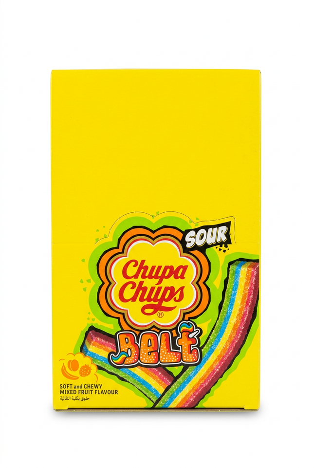 Chupa Chups Sour Belts Mixed Fruit box on white background