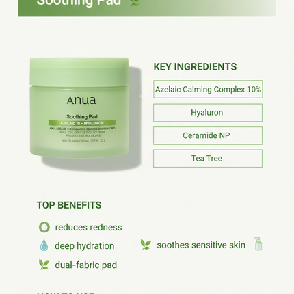 Anua Azelaic 10 Hyaluron Soothing Pad - branded infographic with ingredients and benefits