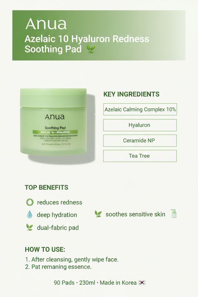 Anua Azelaic 10 Hyaluron Soothing Pad - branded infographic with ingredients and benefits