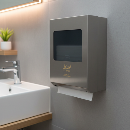 Lusail interfold towels in commercial bathroom setting