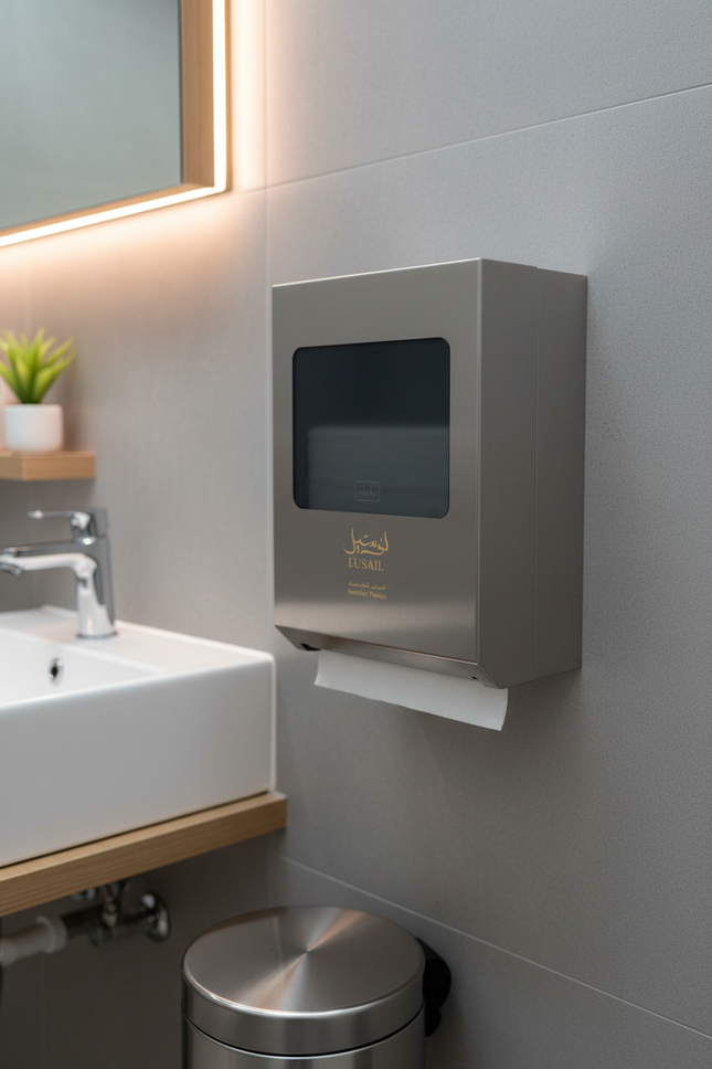 Lusail interfold towels in commercial bathroom setting