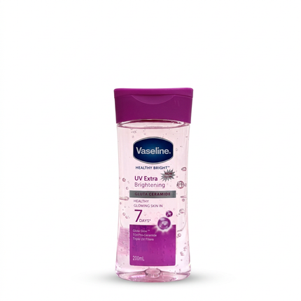 Vaseline Healthy Bright UV Extra Brightening 200ml transparent pink bottle with purple cap