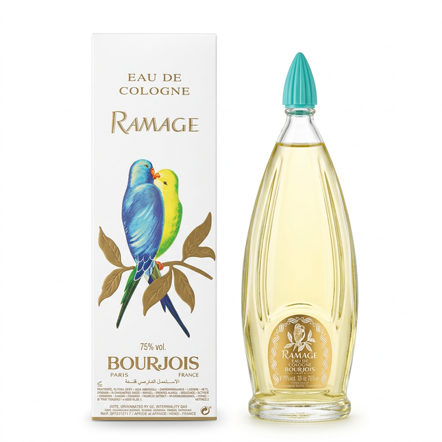 Bourjois Ramage Eau de Cologne bottle and lovebirds box on white