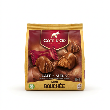 Côte d’Or Mini Bouchée milk chocolates 122g bag on white background