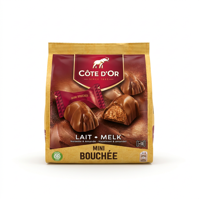Côte d’Or Mini Bouchée milk chocolates 122g bag on white background