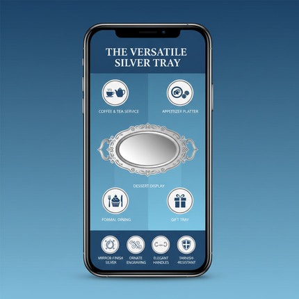 Silver serving tray uses infographic - coffee, tea, appetizers, desserts