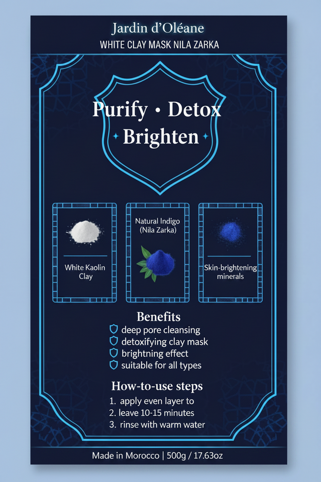 Jardin d'Oléane White Clay Mask Nila Zarka branded infographic
