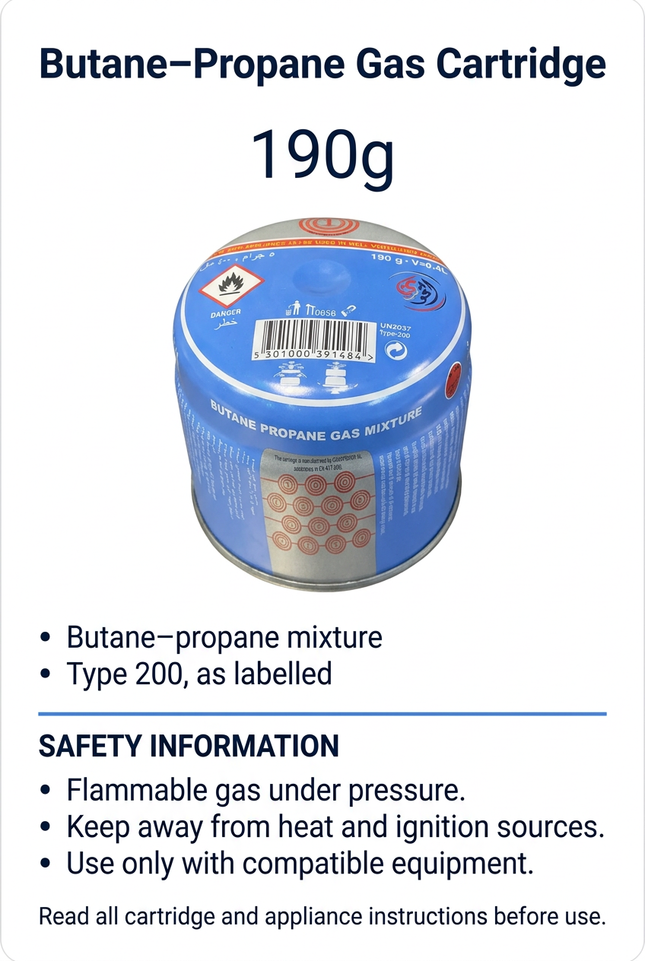 Butane-propane gas cartridge 190g Type 200 identification and safety guidance