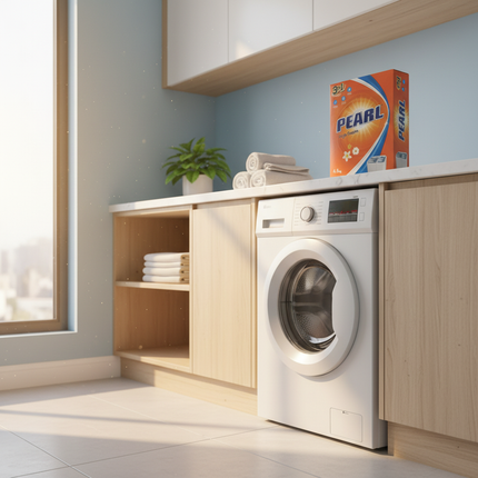 Pearl laundry detergent in modern laundry room setting
