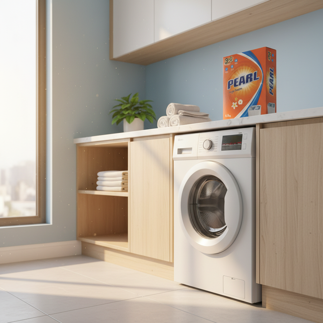 Pearl laundry detergent in modern laundry room setting