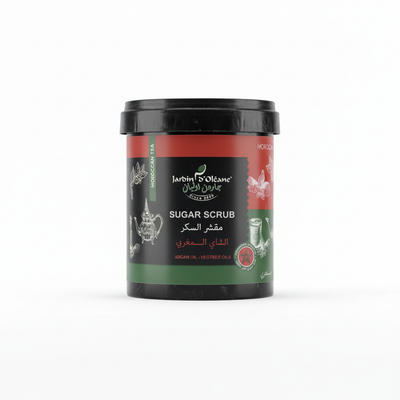 Jardin d'Oleane Moroccan Tea Sugar Scrub with argan oil on white background