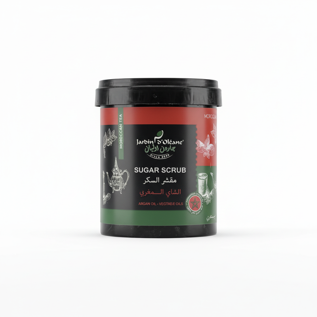 Jardin d'Oleane Moroccan Tea Sugar Scrub with argan oil on white background